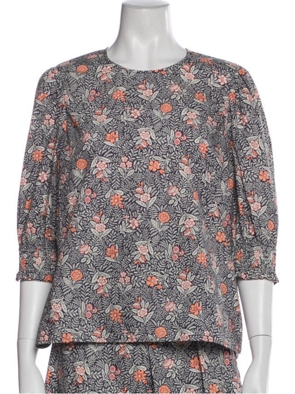 Ann Mashburn Floral Puff Sleeve Blouse XL Navy Pink Cottagecore Top